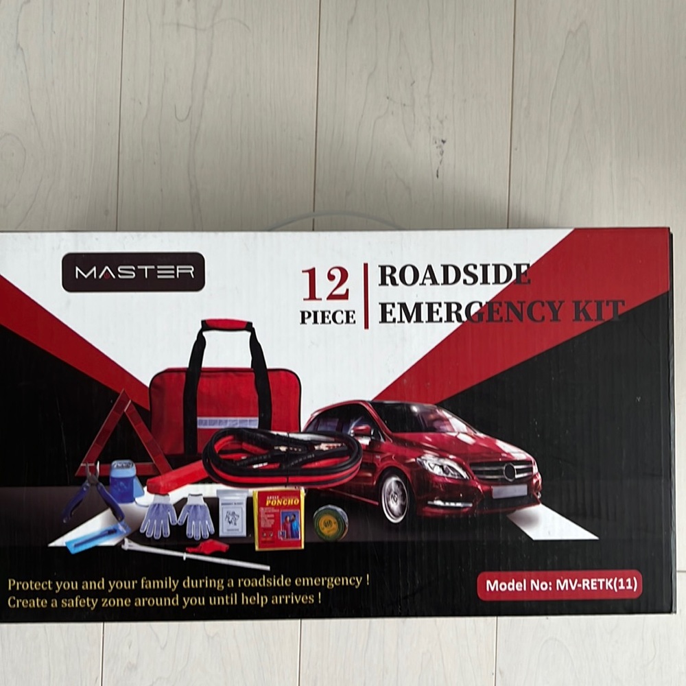 Emergency 12 piece roadside kit. New in box, Never opened